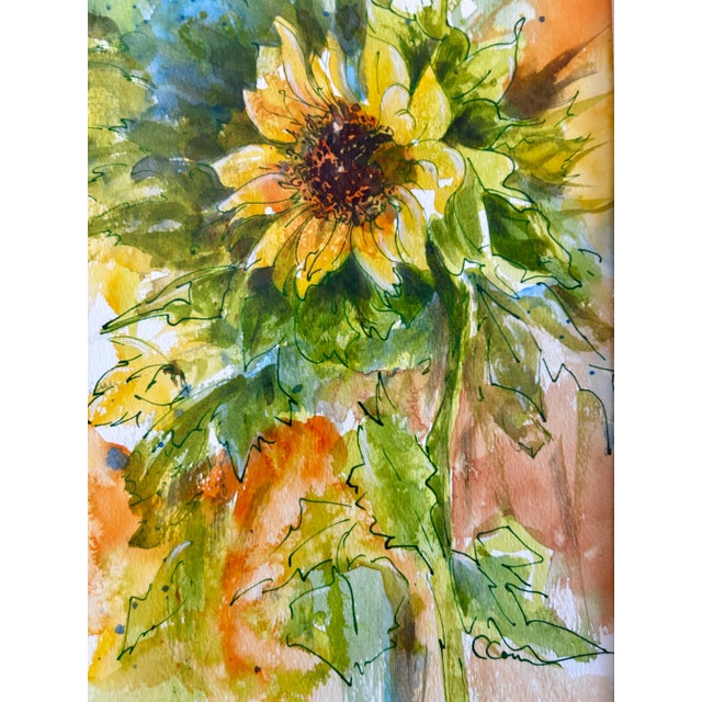 Wood Framed Original Watercolor Painting “Sunflower” For Sale - Image 7 of 12