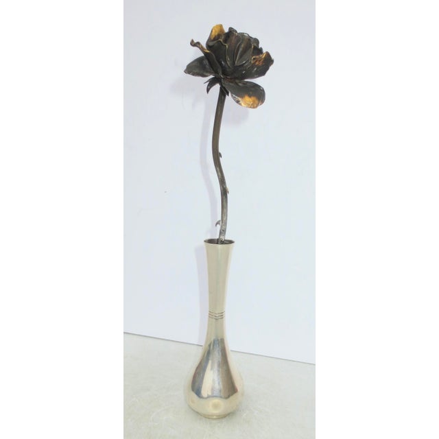 TIFFANY & CO MAKERS Sterling bud vase with sterling and gilt washed rose vintage 1960'. The vase is detailed by three...