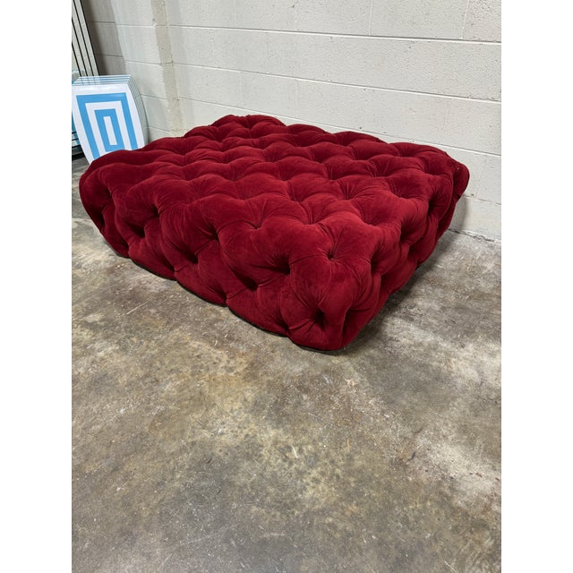 Rustic Mr Brown London Smoking Room Oxblood Velvet Tufted Ottoman For Sale - Image 3 of 5