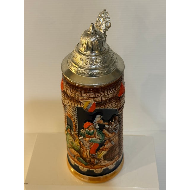 Mid 20th Century Vintage Gerz West Germany Medieval Relief Beer Stein With Pewter Lid – 9.5” For Sale - Image 5 of 12