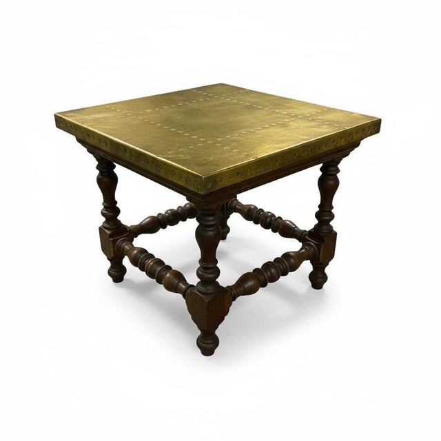Victorian Late 19th-C. Victorian Era English Bobbin Carved Oak Stool or Side Table With Brass Top For Sale - Image 3 of 6