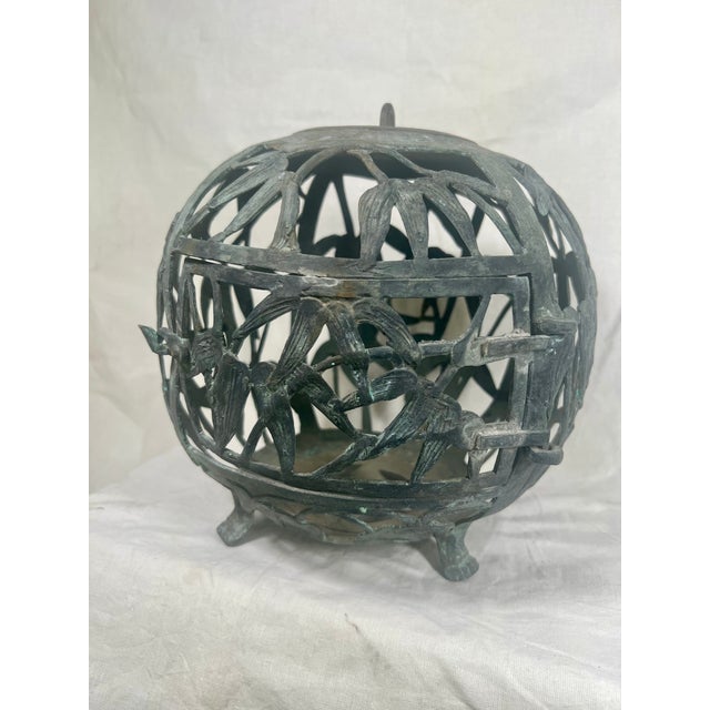 Japanese Antique Japanese Export Bronze Hanging Lantern Sphere With Bamboo Pattern For Sale - Image 3 of 8