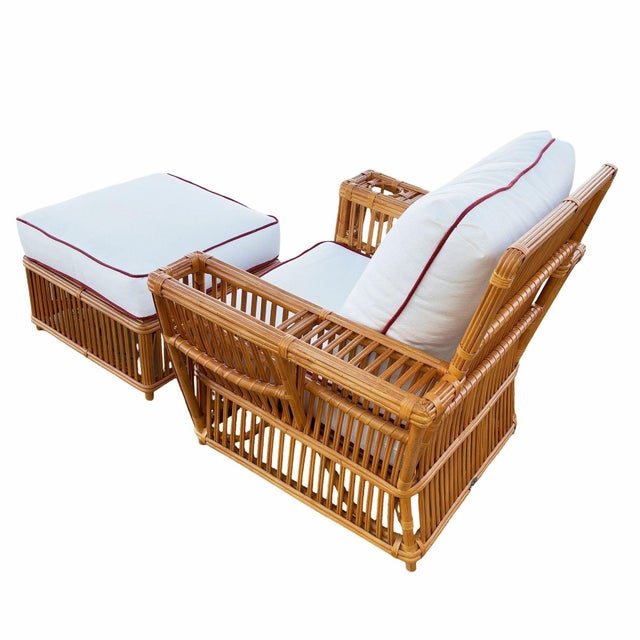 Art Deco Presidents Stick Reed Rattan Nantucket Lounge Armchair & Ottoman Set For Sale - Image 4 of 12