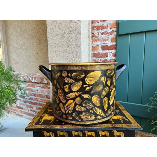 Large Antique English Planter Cachepot Black Metal Lacquer Shell Decoupage C1890 For Sale - Image 14 of 18