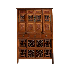 Chinese Brown Open Panel Relief Carving Storage Stack Cabinet