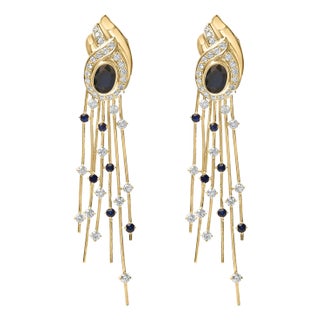 14K Yellow Gold 1.0 Cttw Diamond and Blue Sapphire Chandelier Earrings For Sale
