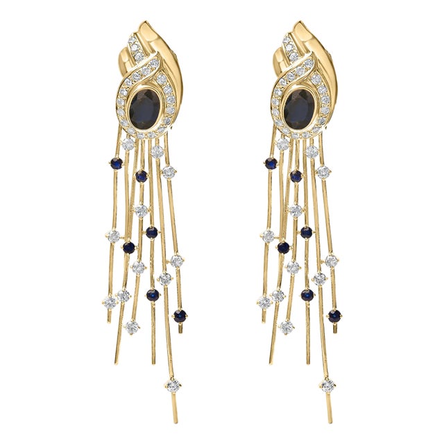 14K Yellow Gold 1.0 Cttw Diamond and Blue Sapphire Chandelier Earrings For Sale