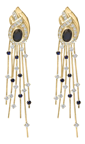 14K Yellow Gold 1.0 Cttw Diamond and Blue Sapphire Chandelier Earrings