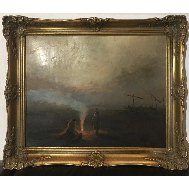 1990s Unknown Evening in the Puszta Campfire Horses Mood Picture, 1890s, Oil Painting on Board For Sale - Image 5 of 13