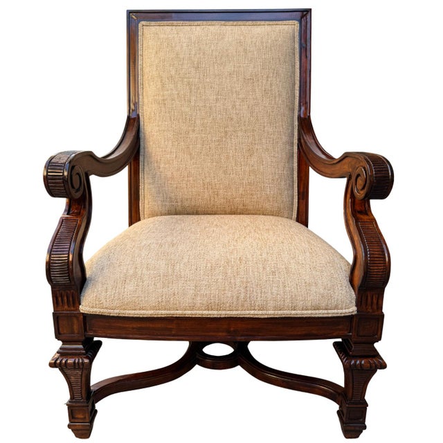 1980s Neoclassical Hand-Carved Mahogany Armchairs With Rolled Arms & X-Stretcher - A Pair For Sale - Image 4 of 14