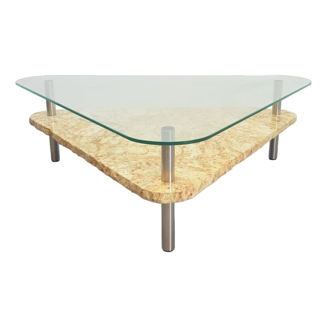 Brutalist Triangle Coffee Table in Marble and Stainless Steel, 1970s For Sale