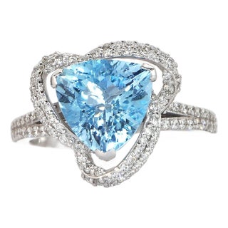 Trilliant-Cut Aquamarine Ring With Diamonds in 14k White Gold Size 7 For Sale