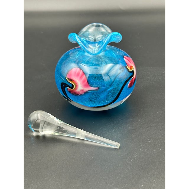 Signed Hand‑Blown Studio Art Glass Perfume Bottle – Blue Swirl With Clear Stopper For Sale In Detroit - Image 6 of 9