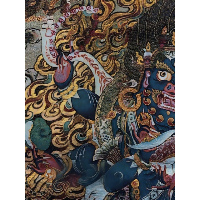 Black Mid 20th Century Xizang Embroidery and Brocade Thangka Buddha Painting - Wrathful Deity Protector Wall Art - Hand Painted Buddhist Sacred Scroll For Sale - Image 8 of 8