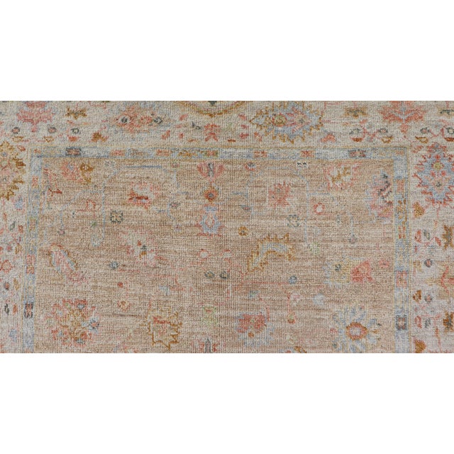 Textile Turkish Oushak Floral Design With Color on a Taupe Field and Ivory Border 5'0 X 6'10 For Sale - Image 7 of 12
