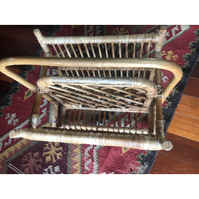Mid Century vintage bamboo rattan magazine rack or basket. Great accent piece for sun room or bathroom.