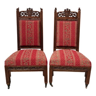 Gothic-Style Walnut Lounge Chairs, 19th Century, Set of 2 For Sale