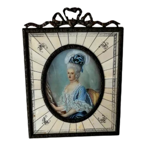 Hand Painted Miniature Portrait of a Lady ca. late 19th C. Bronze and Bone Frame