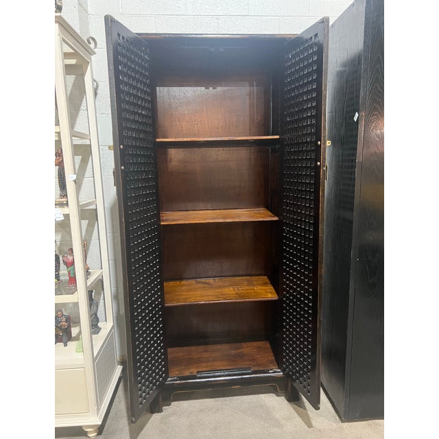 Early 21st Century Tall Asian Style Dark Wood Lattice Armoire For Sale - Image 5 of 5