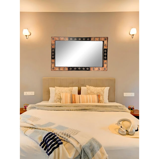 Large Moroccan Rectangular Wall Mirror, Expresso Brown Wood, Orange With Silver Embellishments For Sale - Image 12 of 12