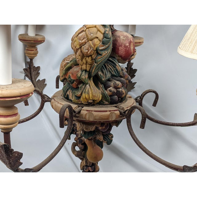 Vintage Italianate Polychrome Carved Wood Fruit & Iron 6-Light Chandelier For Sale - Image 15 of 15
