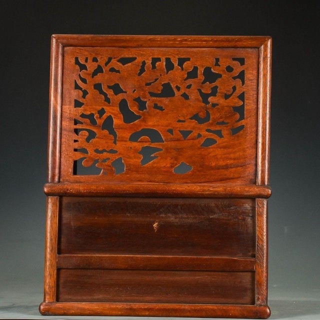 Vintage Chinese Huali Rosewood Shrine Cabinet | Openwork Carved Altar With Magpie & Plum Motif For Sale In Los Angeles - Image 6 of 9