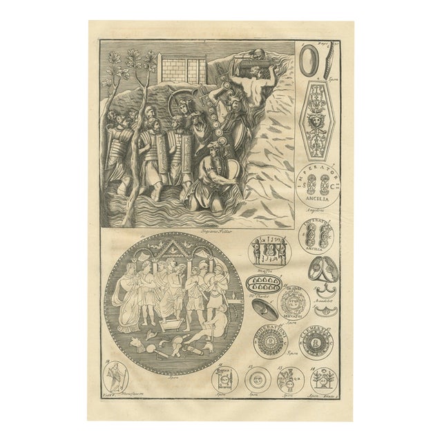 Montfaucon, Roman Shields, Ancilia and Military Coins with Trajans Column Relief, 1722, Engraving For Sale