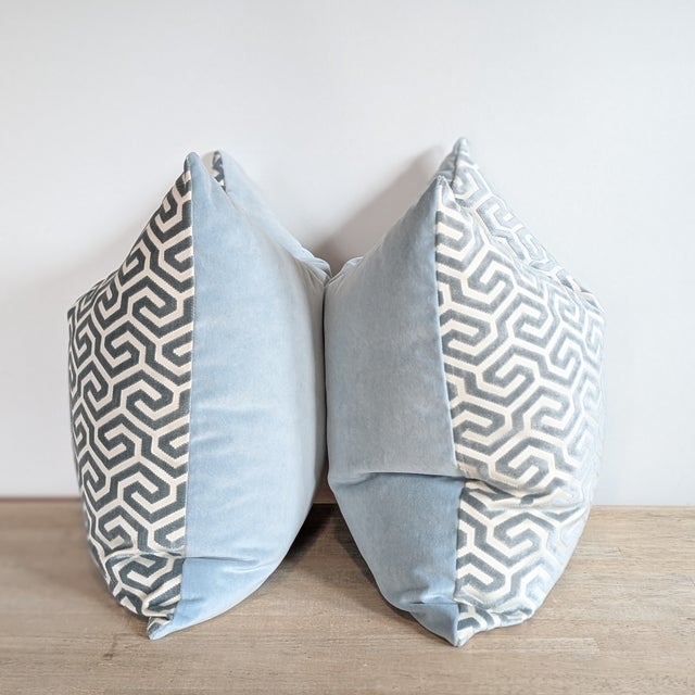 Asian Schumacher Ming Fret Velvet Pillows in Mineral For Sale - Image 3 of 5