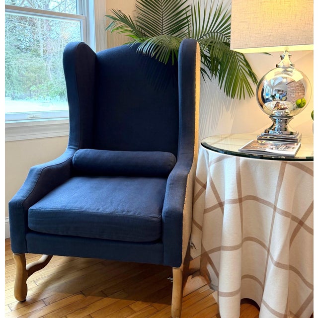 Custom Two-Toned Wingback Chair by Restoration Hardware in Navy Blue, Nail-Head Trim For Sale - Image 13 of 18