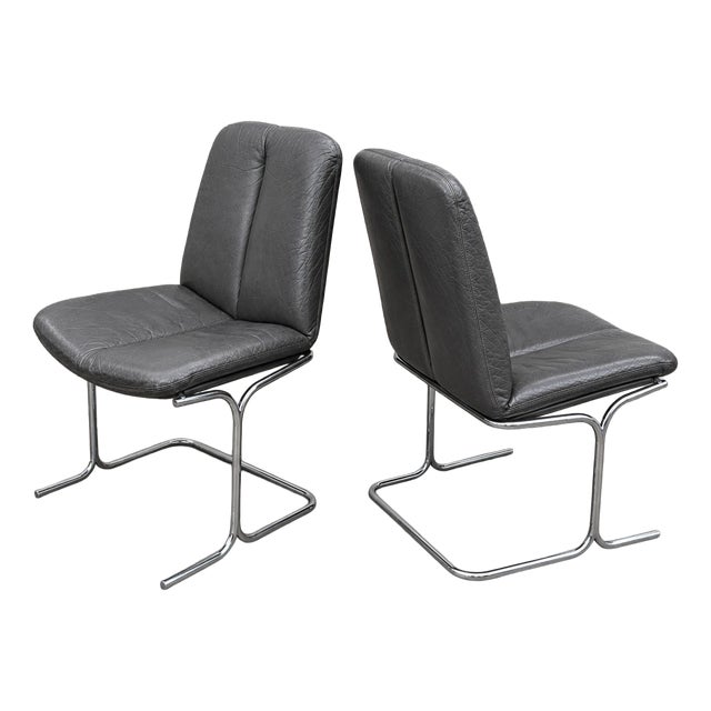 Vintage Pieff Leather and Chrome Dining Chairs by Tim Bates for Harrods, 1970s, Set of 2 For Sale