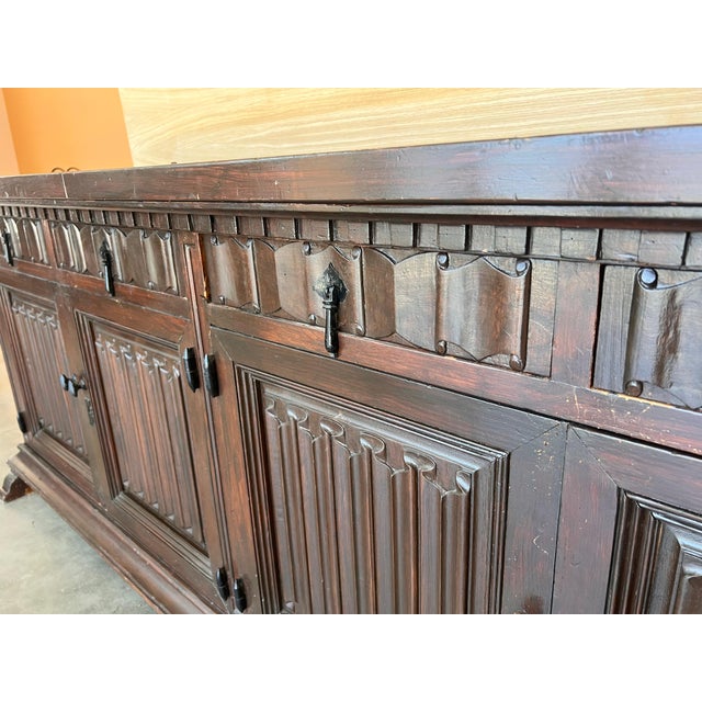 Large 20th Century Catalan Spanish Baroque Carved Walnut Tuscan Credenza or Buff For Sale - Image 11 of 18