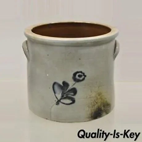 Antique Stoneware Salt Glazed 9" Round Pottery Crock Pot With Blue Flower For Sale - Image 12 of 12