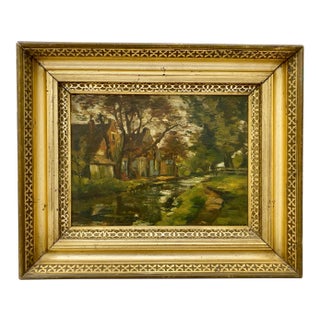 Country Village Oil Painting by P. Kramer C.1920 For Sale