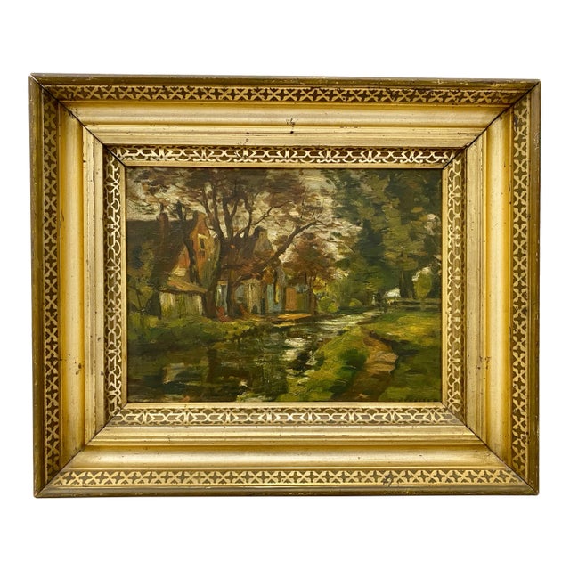 Country Village Oil Painting by P. Kramer C.1920 For Sale