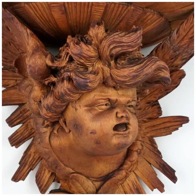Wood Pair Hand Carved Wood Cherub / Putti Figures Wall Shelves, Consoles For Sale - Image 7 of 9