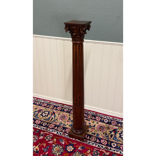 Brown Antique French Oak Corinthian Column Pedestal Plant Stand Newel Post For Sale - Image 8 of 16