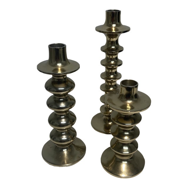 Set of Three Gold Finish Candleholders For Sale