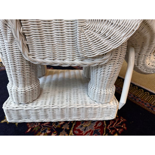 Hollywood Regency Vintage White Wicker Elephant Side Table, Trunk Up For Sale - Image 3 of 9