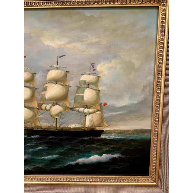 Antique Original Large Oil Painting (Unsigned) of a 3-Masted Clipper Ship - Framed For Sale In Raleigh - Image 6 of 14