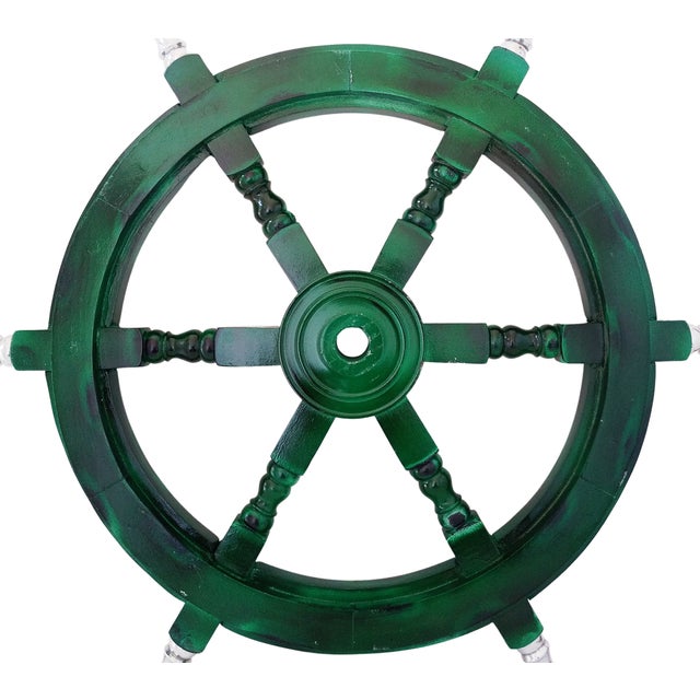 Early 19th Century Vintage Nautical Handcrafted Green Wooden Ship Wheel With Aluminium Hub & Handle For Sale - Image 5 of 6