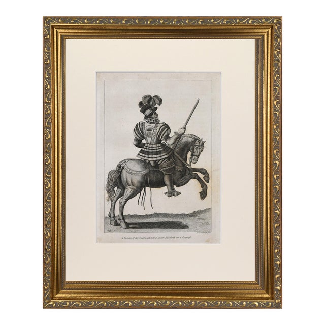 19th Century Engraving of a Mounted Dragoon on Horseback in Suit of Armour 1801 For Sale