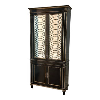 Maison Jansen Inspired Mirrored Bar Cabinet Armoire Black and Gold For Sale