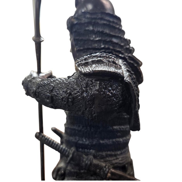 Bronze Japanese Samurai Bronze Tone Warrior Sculpture on Custom Wood Base 18" For Sale - Image 8 of 15