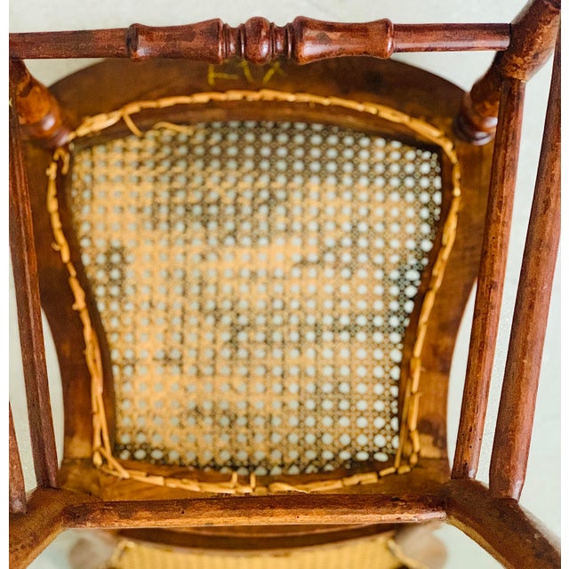 Early 20th Century Vintage Petite Boudoir Chair, Turned Fruitwood Legs and Stretcher With Balloon Caned Back and Seat, in the Style of Louis XVI For Sale - Image 10 of 12