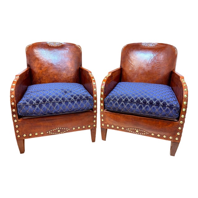 French Art Deco Leather Studded Club Chairs. 1930's France For Sale