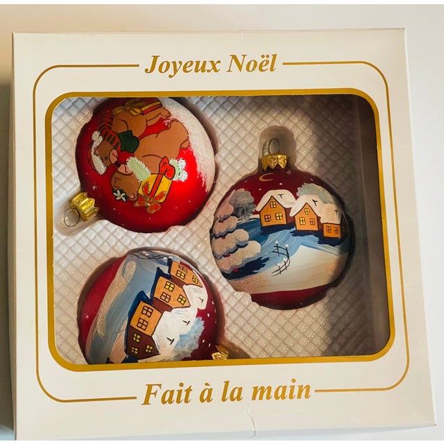 Vintage European set of 3 blown Mercury glass Handpainted with winter scenes and Teddy bears Christmas ornaments unique.