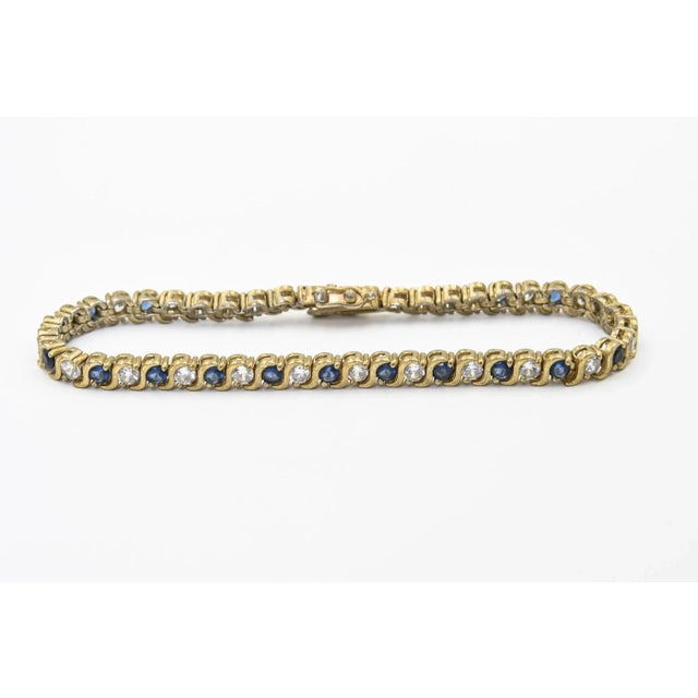 1970s Costume Sapphire and Diamond Tennis Line Gold Tone Bracelet For Sale - Image 5 of 8