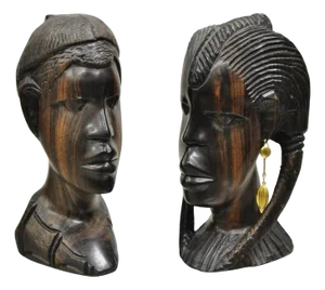 Vintage African Carved Ebony Wood Male and Female Bust Statue Sculptures- Set of 2