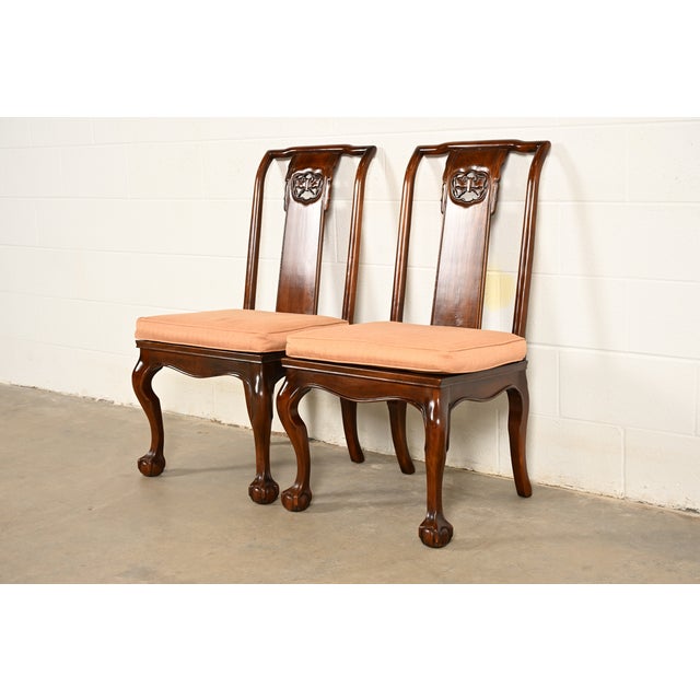 Mid-Century Modern Drexel Heritage Hollywood Regency Chinoiserie Sculpted Mahogany Side Chairs or Dining Chairs, Pair For Sale - Image 3 of 15