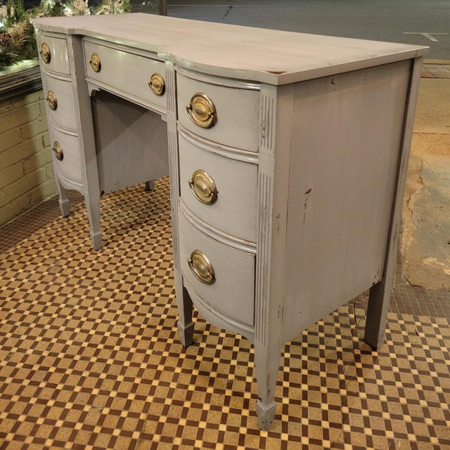 Mid 20th Century Chippendale Mahogany Double Pedestal Writing Desk With Blue-Gray Distressed Finish For Sale - Image 9 of 9